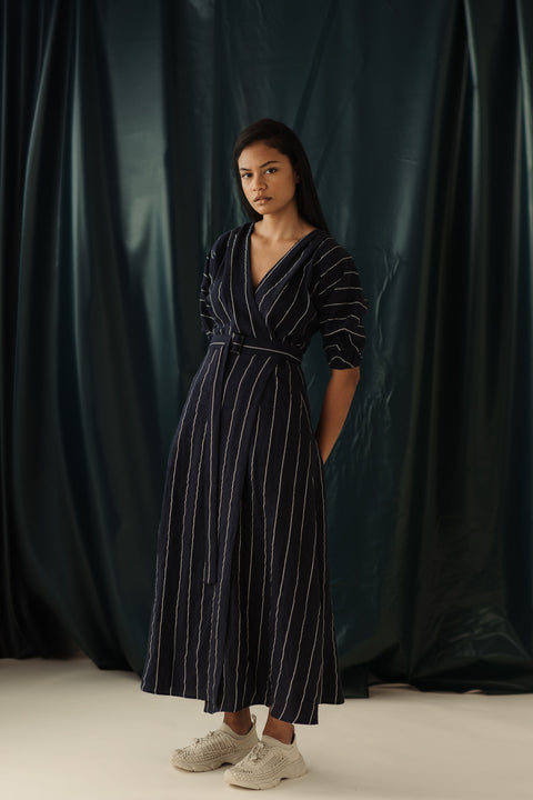 Marie Dress | Navy Pinstripe