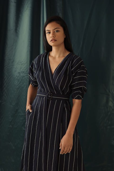 Marie Dress | Navy Pinstripe