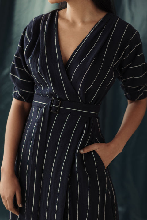 Marie Dress | Navy Pinstripe