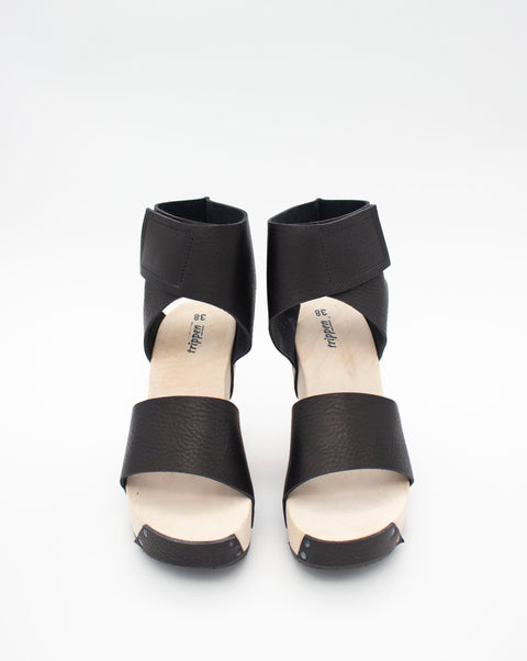 Trippen Venture F Platform Sandals with Ankle Strap. Black leather with wooden sole. 