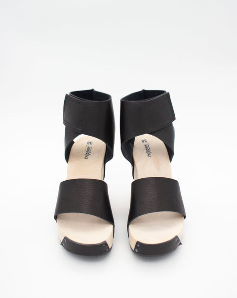 Trippen Venture F Platform Sandals with Ankle Strap. Black leather with wooden sole.