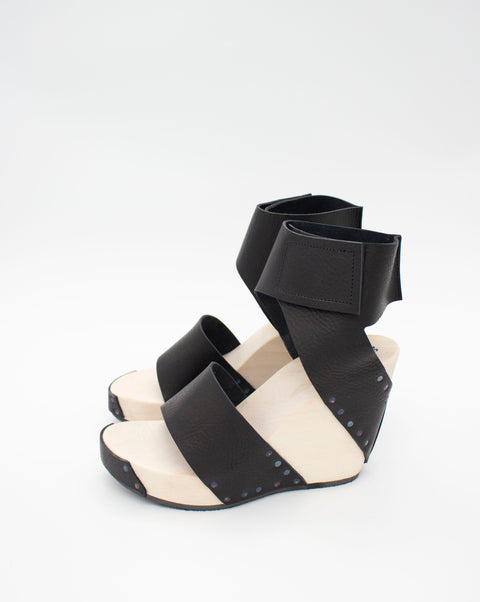 Trippen Venture F Platform Sandals with Ankle Strap. Black leather with wooden sole. 