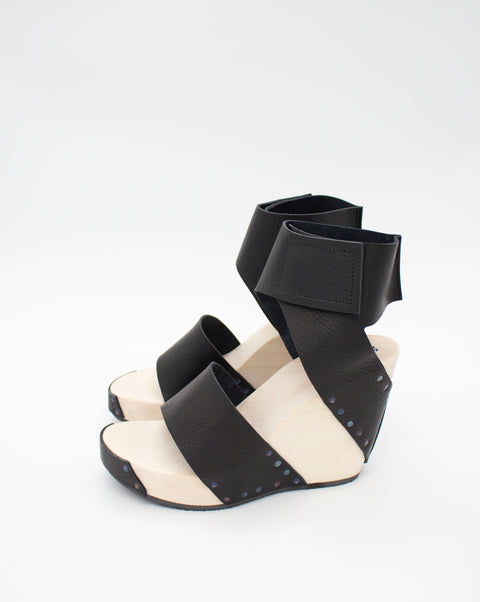Trippen Venture F Platform Sandals with Ankle Strap. Black leather with wooden sole.