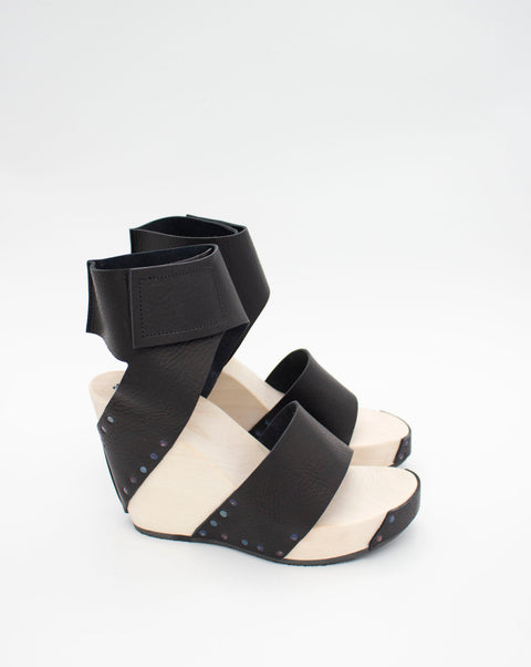 Trippen Venture F Platform Sandals with Ankle Strap. Black leather with wooden sole.