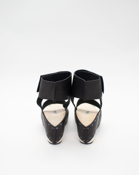 Trippen Venture F Platform Sandals with Ankle Strap. Black leather with wooden sole.