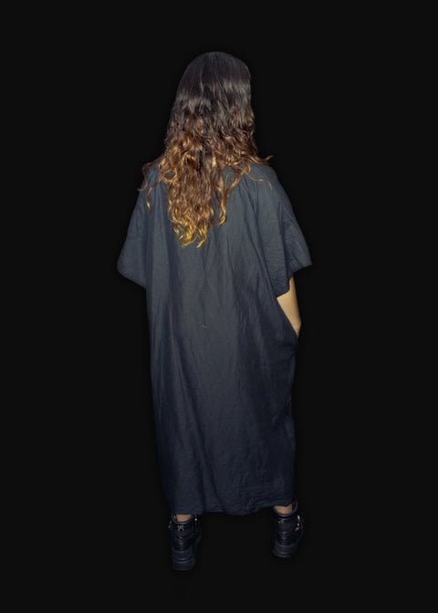 Black Linen Tunic Dress with Square neck