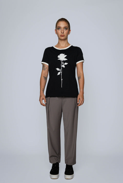 Paul Chaplin Rosie Tee Black with white printed rose