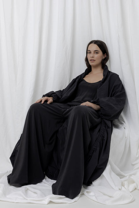 James Brown Basis Long Wide Leg Silk Trousers