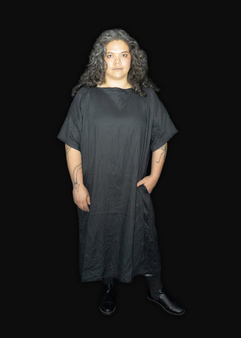 Black Linen Tunic Dress with Square neck