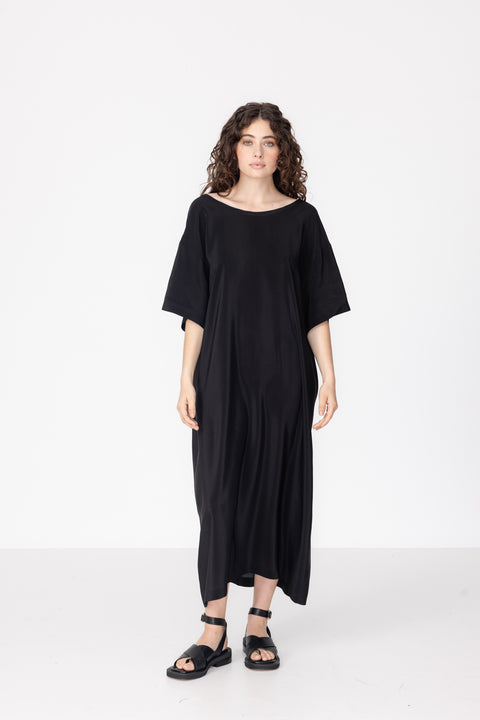 James Brown Black Silk T-Shirt Dress with Low Back