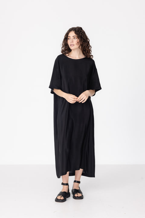 James Brown Black Silk T-Shirt Dress with Low Back