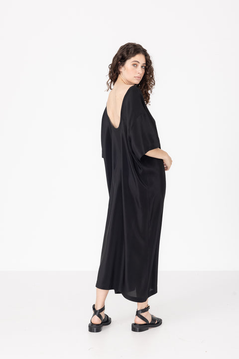 James Brown Black Silk T-Shirt Dress with Low Back