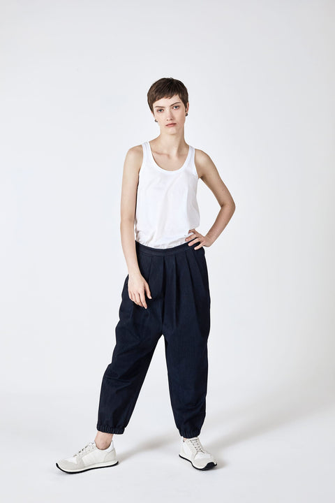 Julia Fong Hakama Denim Drop Crotch Pleated Waist Pants