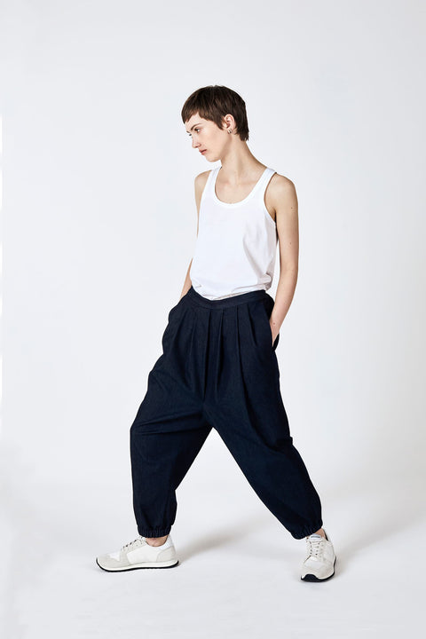 Julia Fong Hakama Denim Drop Crotch Pleated Waist Pants
