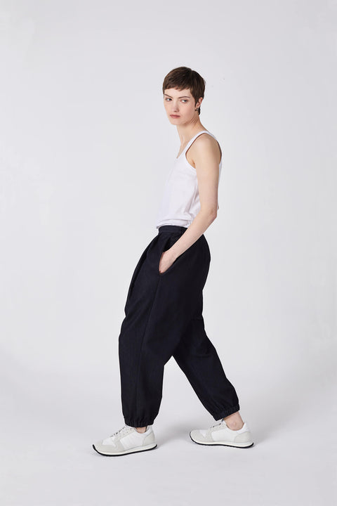 Julia Fong Hakama Denim Drop Crotch Pleated Waist Pants