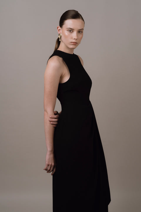 James Bush Tailored Drape Dress with High neck in Black