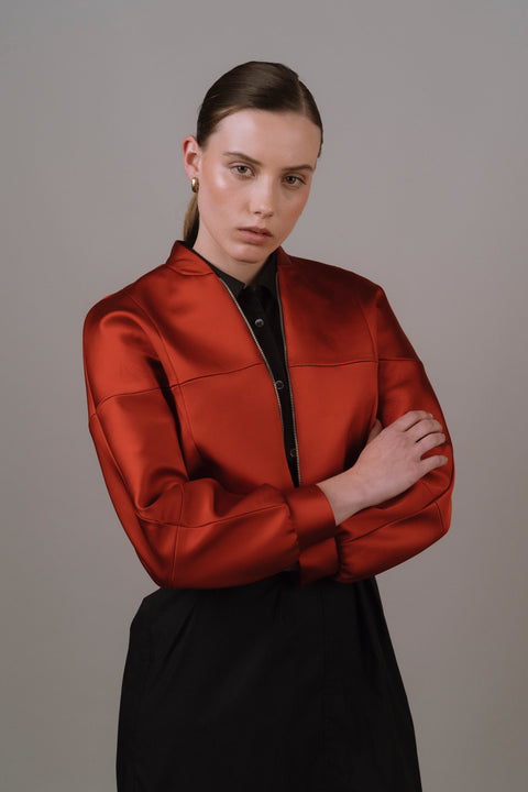 James Bush Red Satin Cropped Bomber Jacket