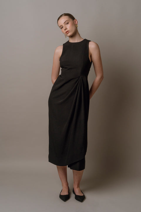 James Bush Tailored Drape Dress with High neck in Black