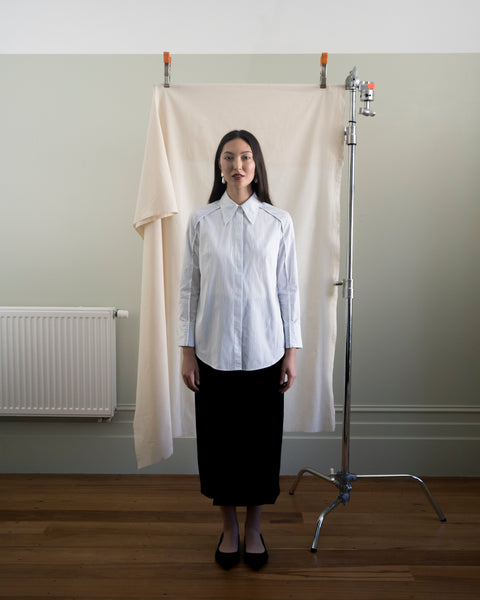 James Bush French Shirt in White and Blue Pinstripe Cotton With Pintuck Shoulder Detail