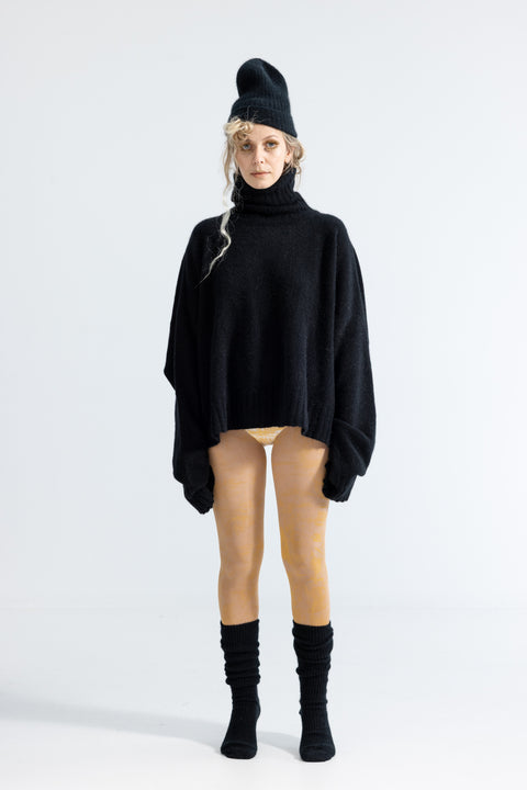 U Turtle Crop Black Possum Merino Turtleneck Jersey