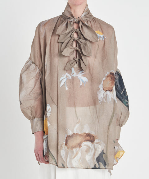 Rory Docherty Beige Painters Shirt With Neck Ties and Puff Sleeve