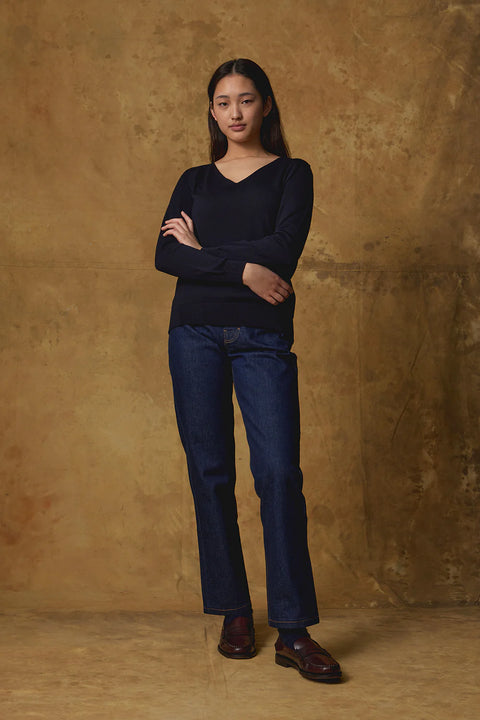 Standard Issue Navy Blue Slouchy V Neck Merino Long Sleeve Top