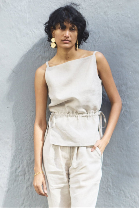 Towa Oat Linen Square Boat Neck Top with matching trousers