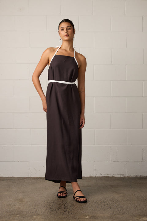 Towa Briar Dress Mocha Dark Brown with white trim halter neck dress