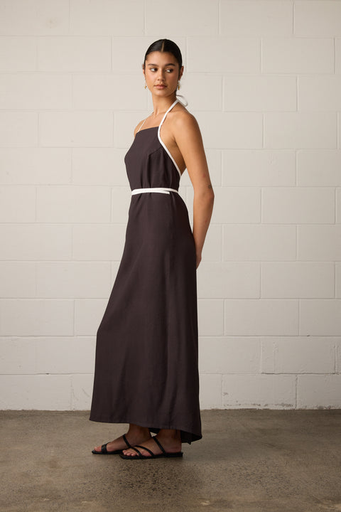 Towa Briar Dress Mocha Dark Brown with white trim halter neck dress