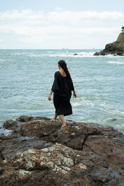 James Brown Black Cotton Pleat Dress