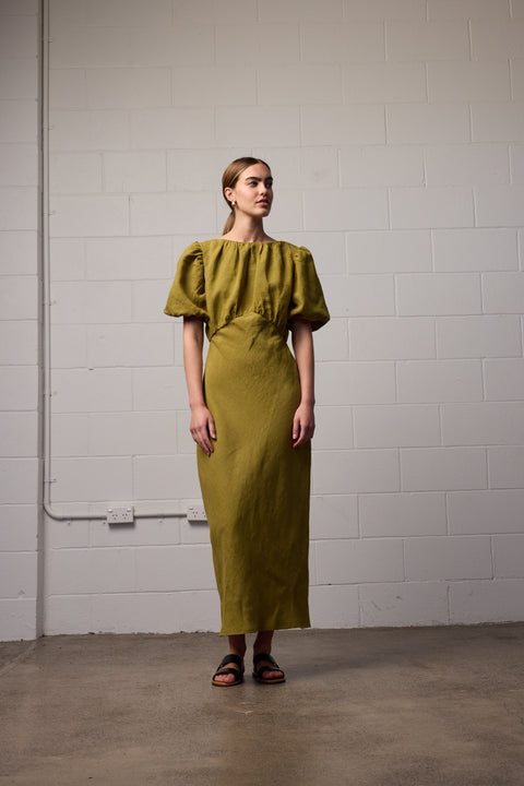 Towa Green Linen Bias Cut Dress