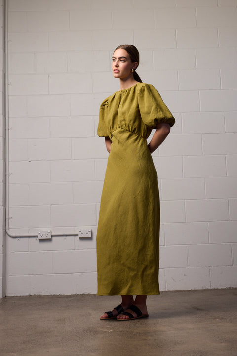 Towa Green Linen Bias Cut Dress