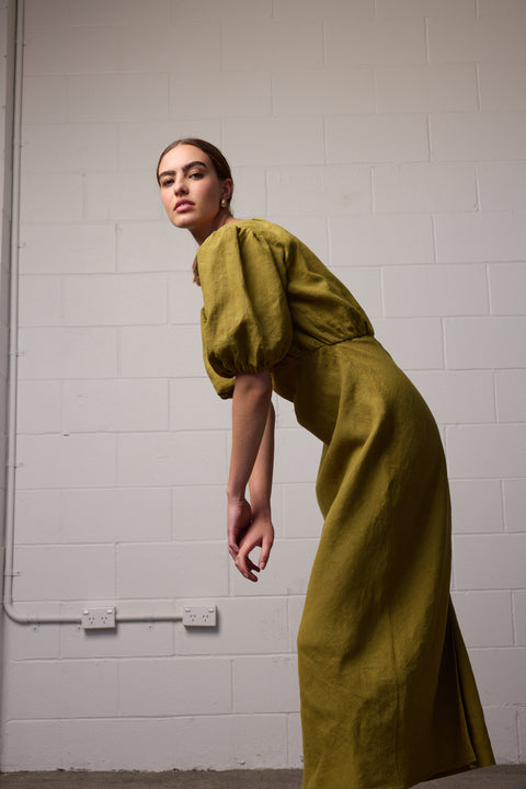 Towa Green Linen Bias Cut Dress