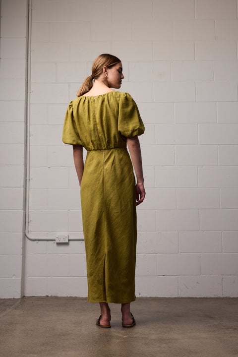 Towa Green Linen Bias Cut Dress
