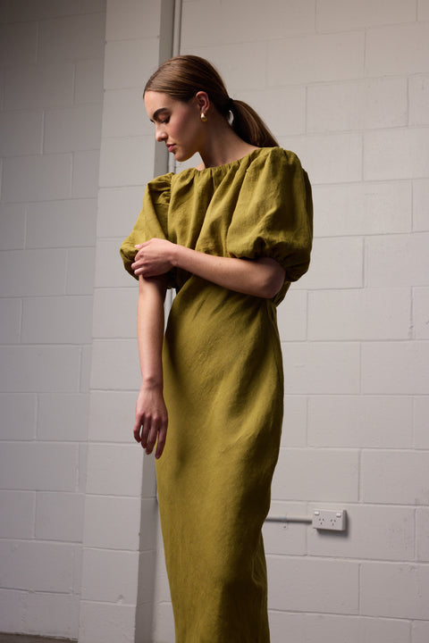 Towa Green Linen Bias Cut Dress