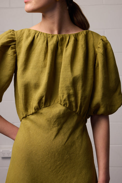 Towa Green Linen Bias Cut Dress