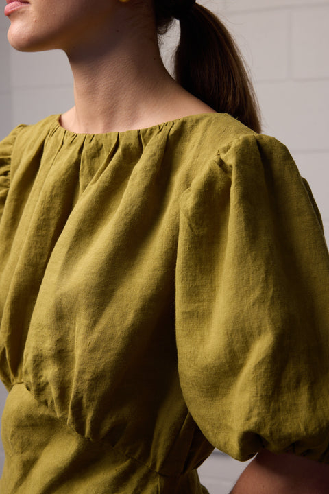 Towa Green Linen Puff Sleeve
Dress