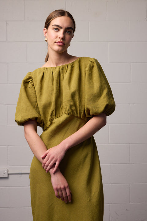 Towa Green Linen Puff Sleeve
Dress