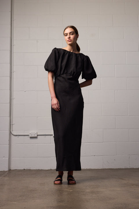 Towa Black Linen Bias Cut Dress