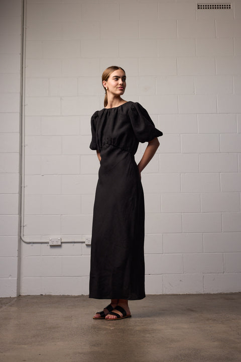 Towa Black Linen Bias Cut Dress