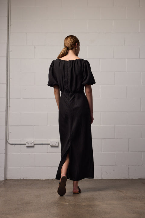 Towa Black Linen Bias Cut Dress
