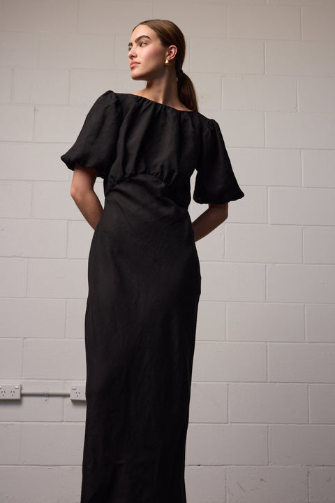 Towa Black Linen Bias Cut Dress