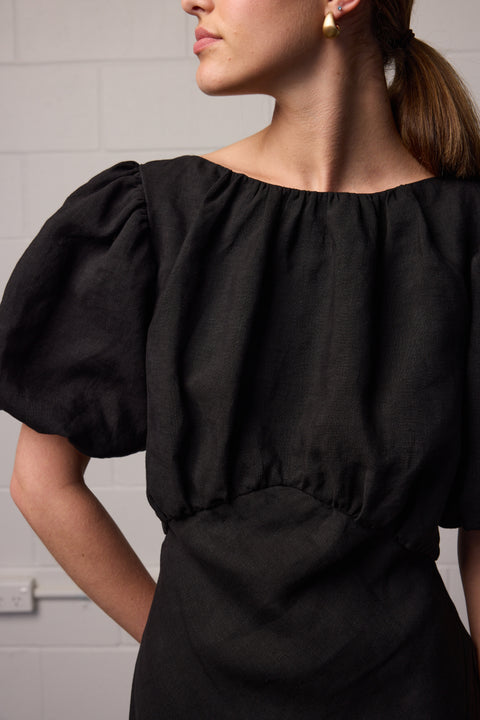 Towa Black Linen Bias Cut Dress