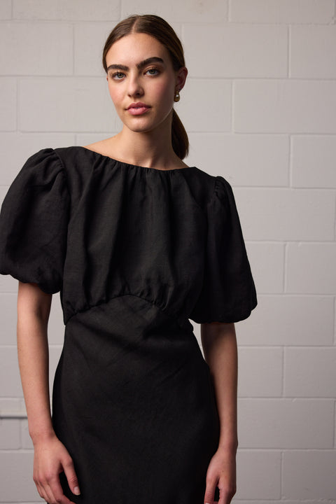 Towa Black Linen Bias Cut Dress