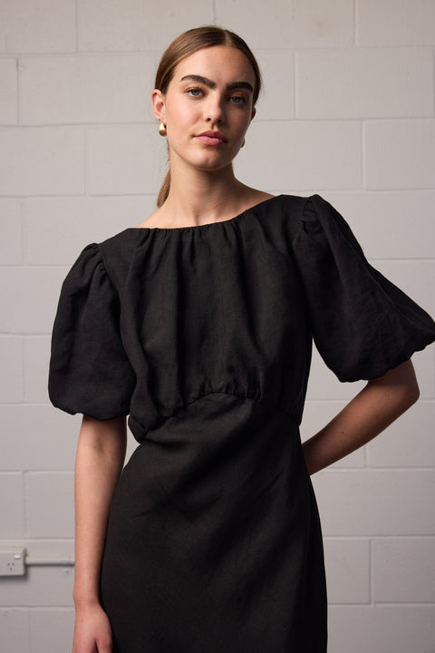 Towa Black Linen Bias Cut Dress