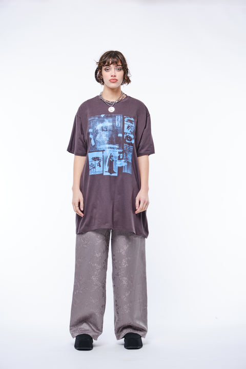 JPalm Burning Night Oversized Tee in Gray with Blue Print