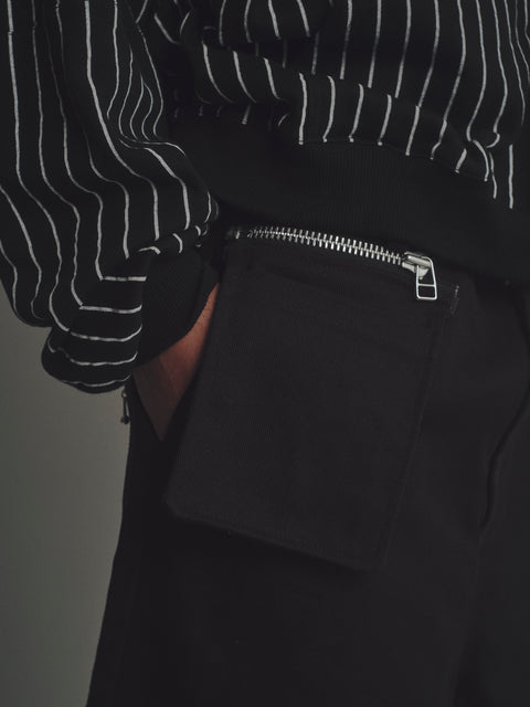 Zip pocket detail on Black skater shorts