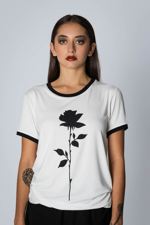 Paul Chaplin White Rosie Tee with Black Rose Print
