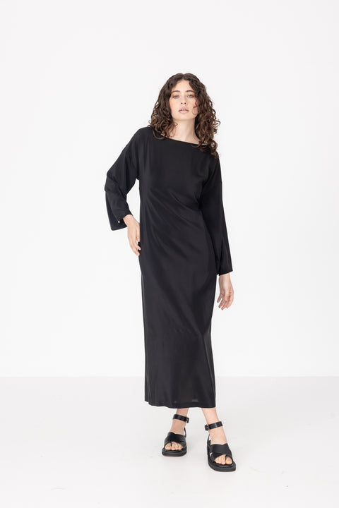 James Brown Long Bell Sleeve Black Silk Dress