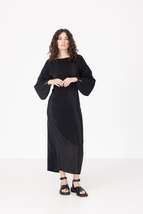 James Brown Long Bell Sleeve Black Silk Dress